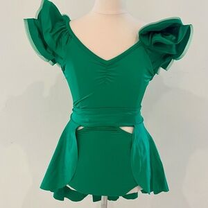 Dance Costume - CH XL - Green Leotard with Skirt Puffy Sleeves